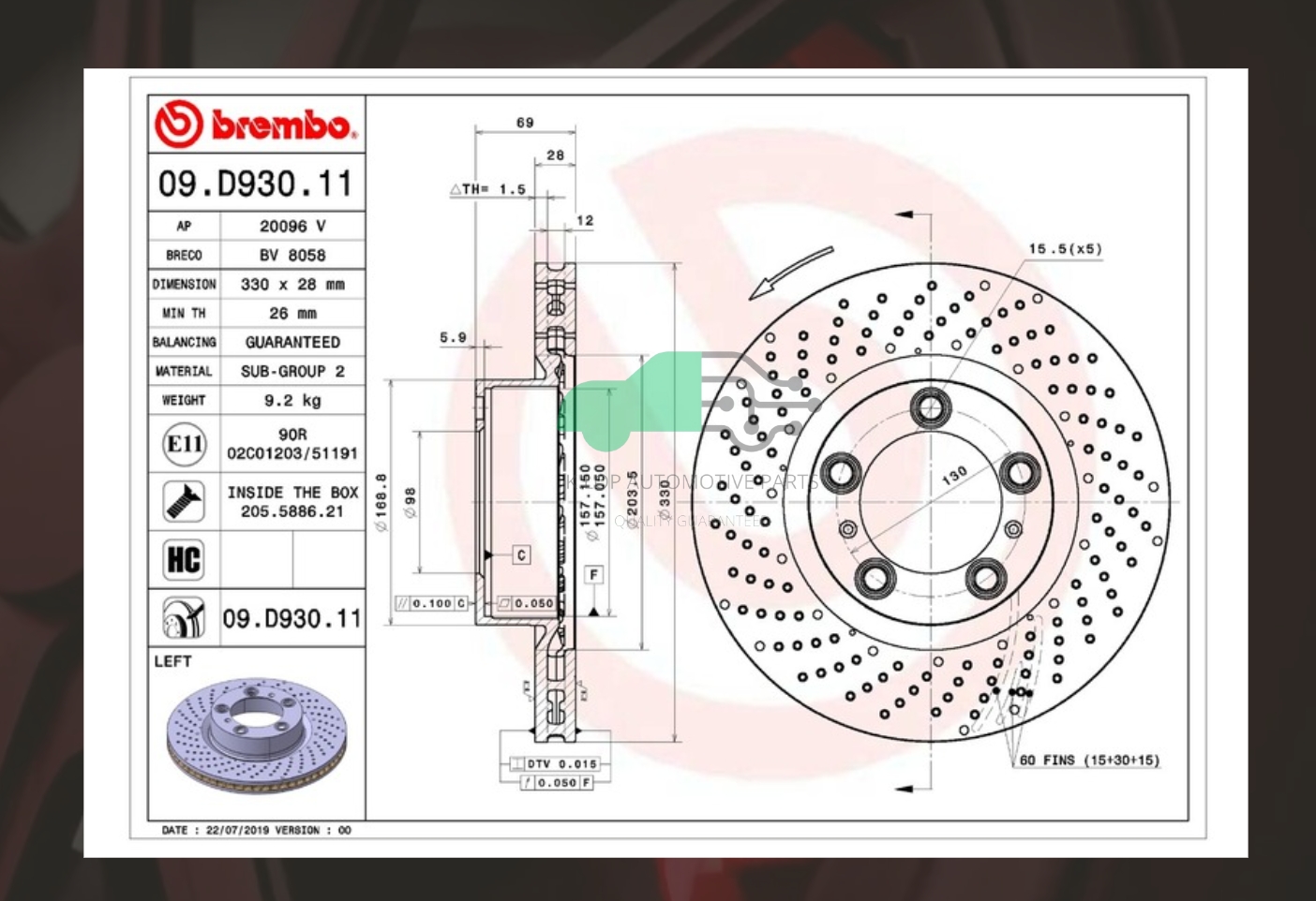 D09 D930 11 จานเบรคหน้า (ยี่ห้อ BREMBO) PORSCHE 911 718 Boxster Cayman 991/997/981/982 (เจาะรู) (HC) 2016-