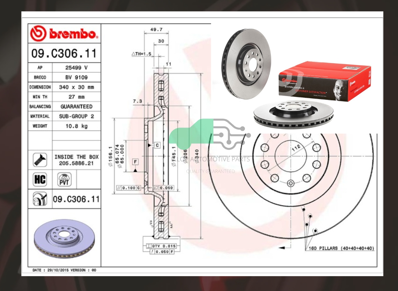 09 C306 11 จานเบรคหน้า (ยี่ห้อ BREMBO) VW Golf VII (1.4 2.0GTI R) (HC) 2013-/Audi TT TTS FV3 (2.0 TSI) Quattro, S3 (HC)