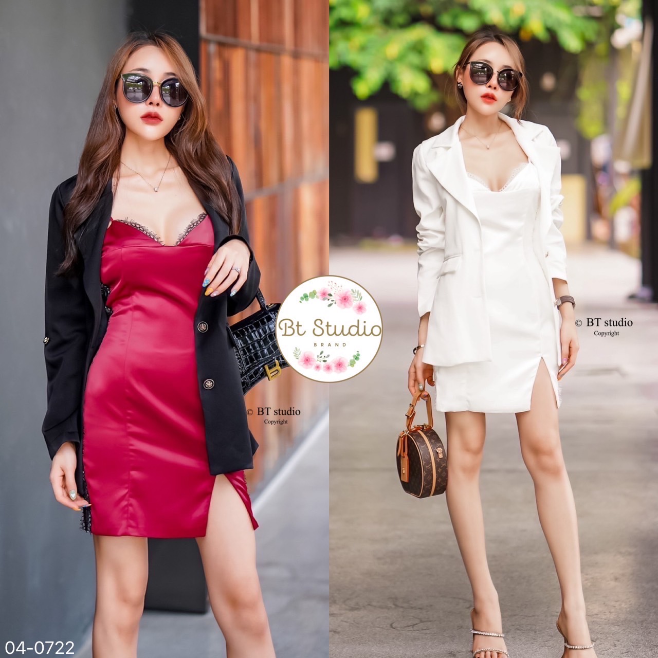 04-0722 เซท 2 ชิ้น เดรสสายเดี่ยว แต่งขอบลูกไม้ และแต่งแทบลูกไม้ข้างตัว