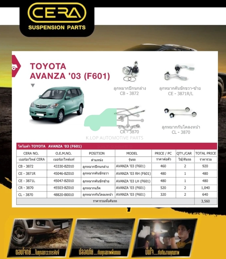 ชุดเปลี่ยนลูกหมากช่วงล่าง (CERA) TOYOTA AVANZA ปี2003 (F601) (MADE IN THAILAND) *** มาอุดหนุนสินค้าไทยกันครับ
