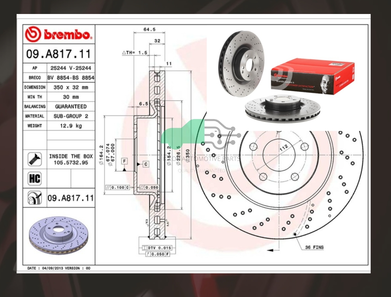 D09 A817 11 จานเบรคหน้า (ยี่ห้อ BREMBO) BENZ SL R230 (280 300 350 500) (เจาะรู )/ S W221 (300 350) (เจาะรู) (HC) 350 มิล