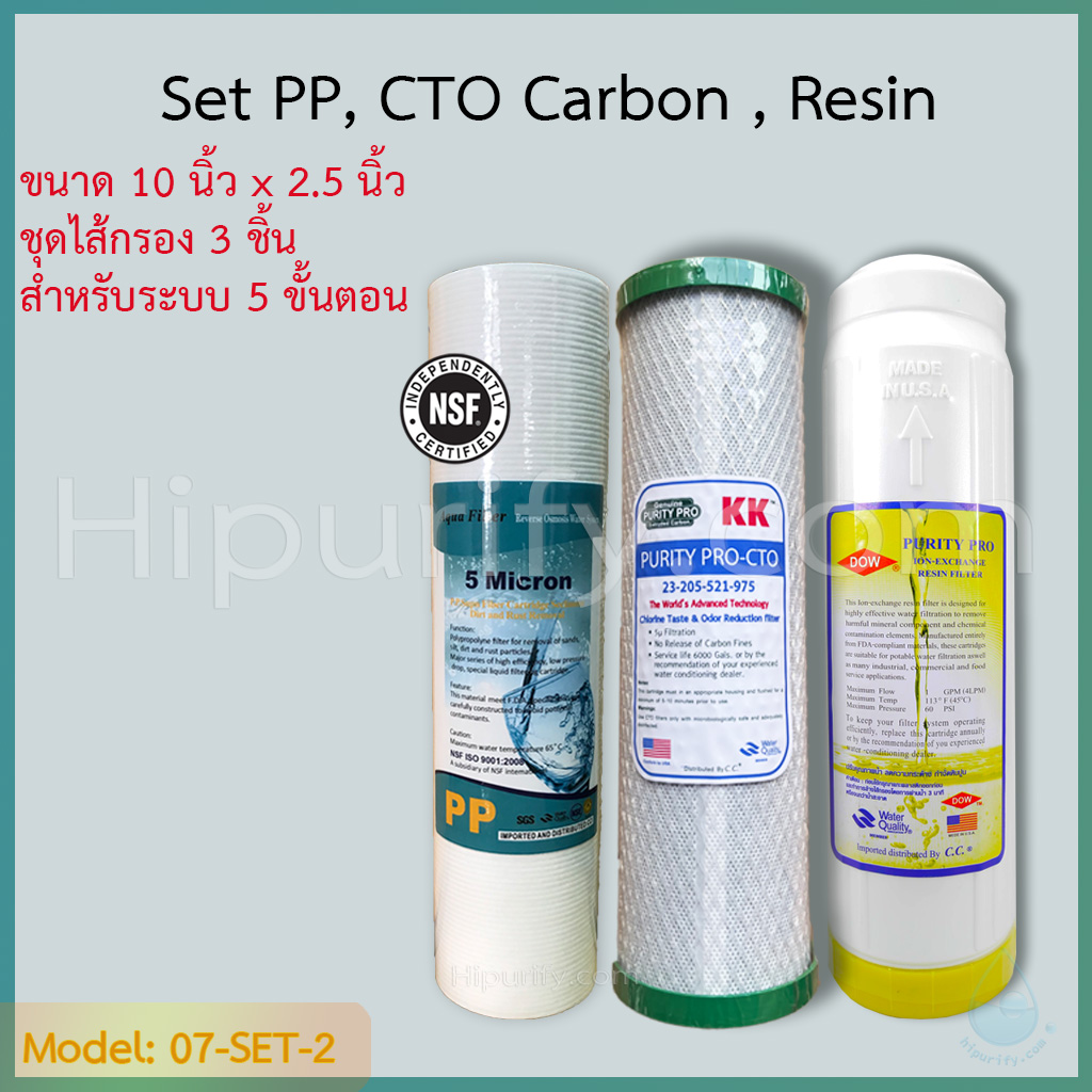 ชุดไส้กรองน้ำ 3 ขั้นตอน เซตเรซิ่น PP,Carbon CTO,Resin