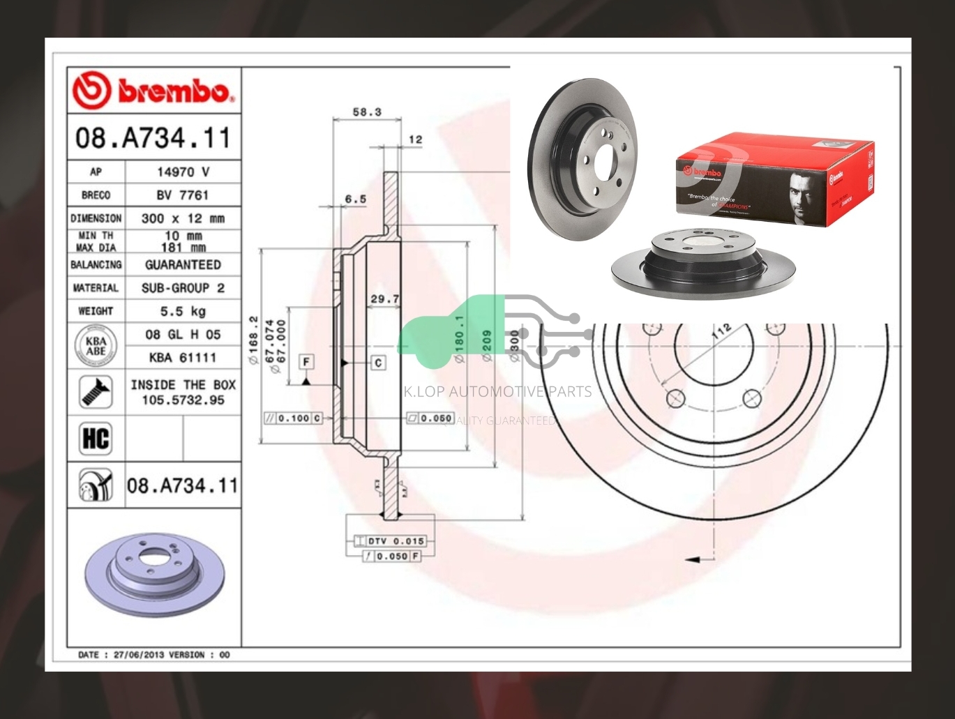 08 A734 11 จานเบรคหลัง (ยี่ห้อ BREMBO) BENZ SL R230 (280 300 350) (HC)/S W221 (HC)