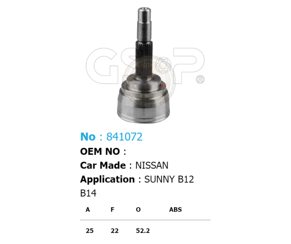 รหัสสินค้า 841072 ฟันนอก25 ฟันใน22 คอบ่าซีล52.2 [หัวเพลานอก ยี่ห้อGS-P] NISSAN SUNNY B12/85-90