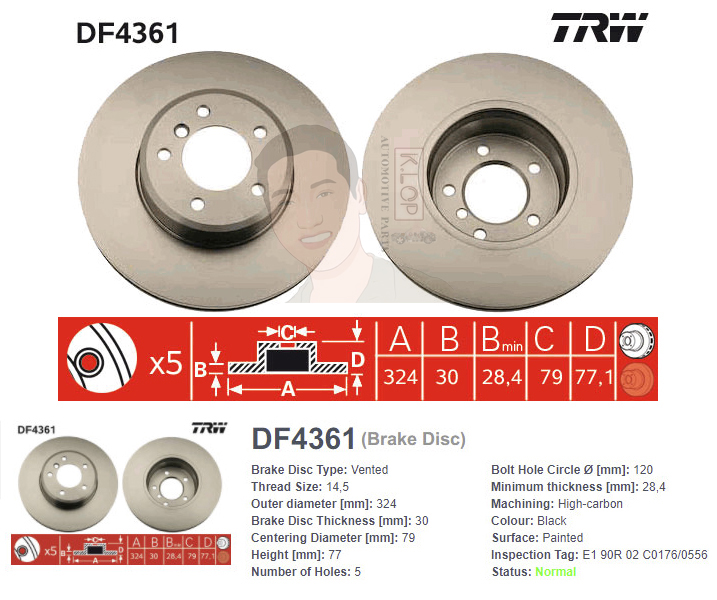 DF4361 จานเบรค-ดรัมเบรค(TRW) BMW E60 520i, 520d, 523i, 525i, 525d, 530i, 530d <BP> ปี2003-2007 F V