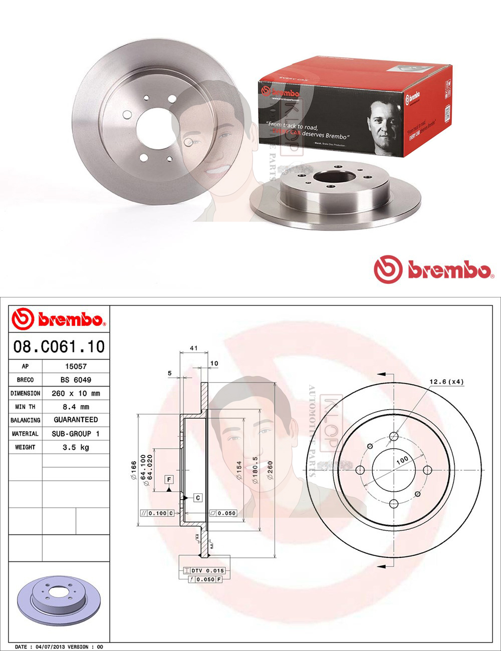 08 C061 10 จานเบรค ล้อ R (ยี่ห้อ BREMBO) รุ่น Std MITSUBISHI Lancer ท้ายเบนซ์ 1.6 1.8 F-style 1.6 1.8 ปี1996-2000