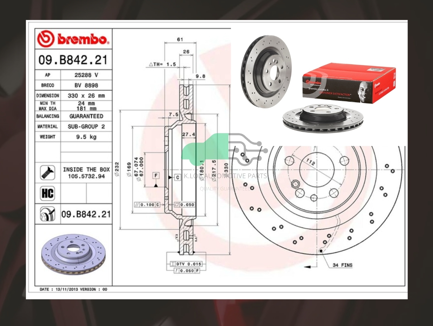 D09 B842 21 จานเบรคหลัง (ยี่ห้อ BREMBO) BENZ S W220 (600), C215 (เจาะรู) (HC) 02-05