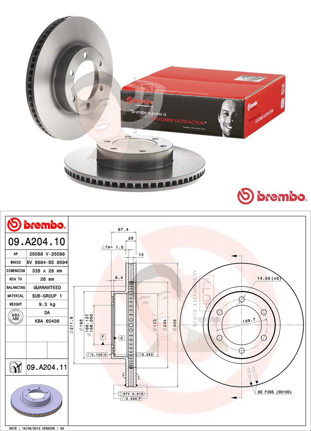 09 A204 11 จานเบรค ล้อ F (ยี่ห้อ BREMBO) รุ่น UV TOYOTA All New Fortuner TRD ปี 2015-> /TOYOTA Prado 2.7 (RZJ12) ปี2002->