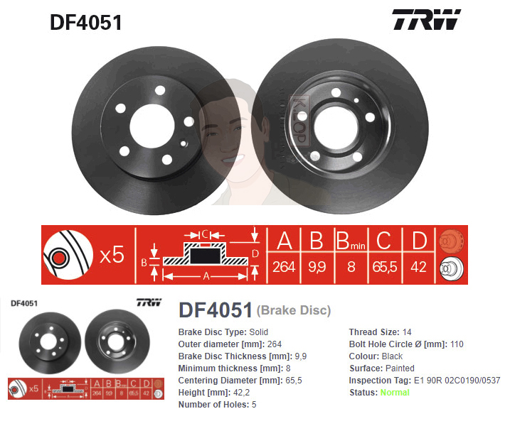 DF4051S จานเบรค-ดรัมเบรค(TRW) CHEVROLET ZAFIRA Z12, Z18, Z22 ปี2002 R S