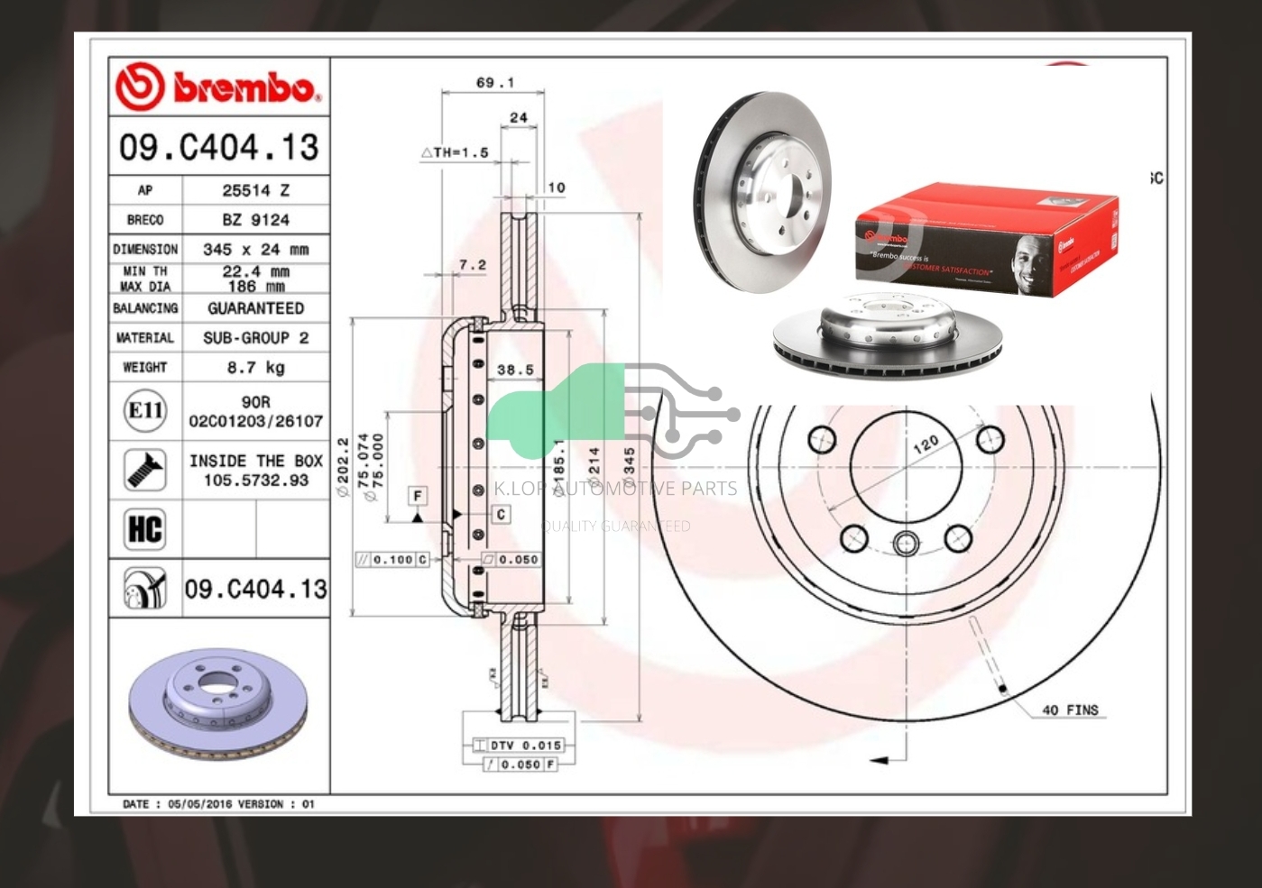 09 C404 13 จานเบรคหลัง (ยี่ห้อ BREMBO) BMW ซีรี่ส์ 5 F10 (525d 528i 530d ActiveHybrid) Sports Pack (HC) 10->/7 F02 (730i 730d 740i) Sports Pack (HC) 09-15