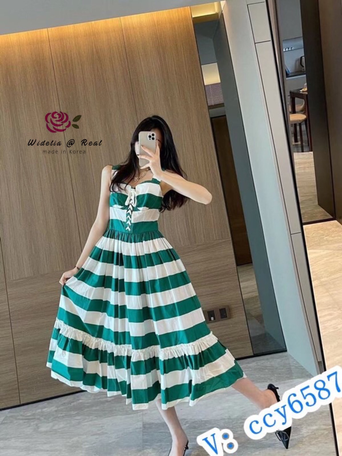 Dress เดรสสายเดี่ยวแสนสวย ผ้าลายขวางสีเขียวอย่างสวยเลย