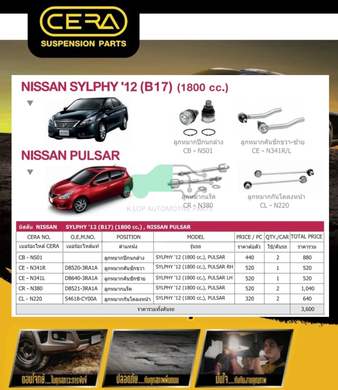ชุดเปลี่ยนลูกหมากช่วงล่าง(CERA) Nissan Sylphy (B17) ปี2012,PULSAR