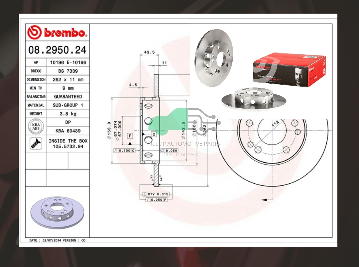 08 2950 24 จานเบรคหน้า (ยี่ห้อ BREMBO) STD BENZ W201 (190E) 82-97 หนา 11 มิล