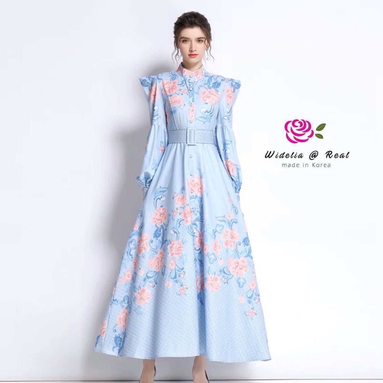 Korea Maxi Dress แม็กซี่เดรสแขนยาวไหล่ตั้งแสนสวย
