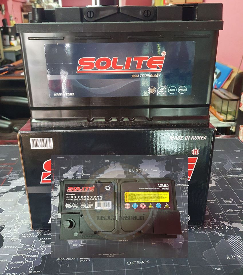 แบตเตอรี่ Solite AGM80-L4 :(ใช้กับรถยุโรป-ไซส์กลาง BMW E84 /F48 /F30 /F34 /G01 ,BENZ W176 /W117 /W204 /W205 /W212 /X156 /X253 ,MINI R56 ,AUDI Q5 /A4 ,PORSCHE Macan /Boxster /Cayman) แท้ MADE IN KOREA