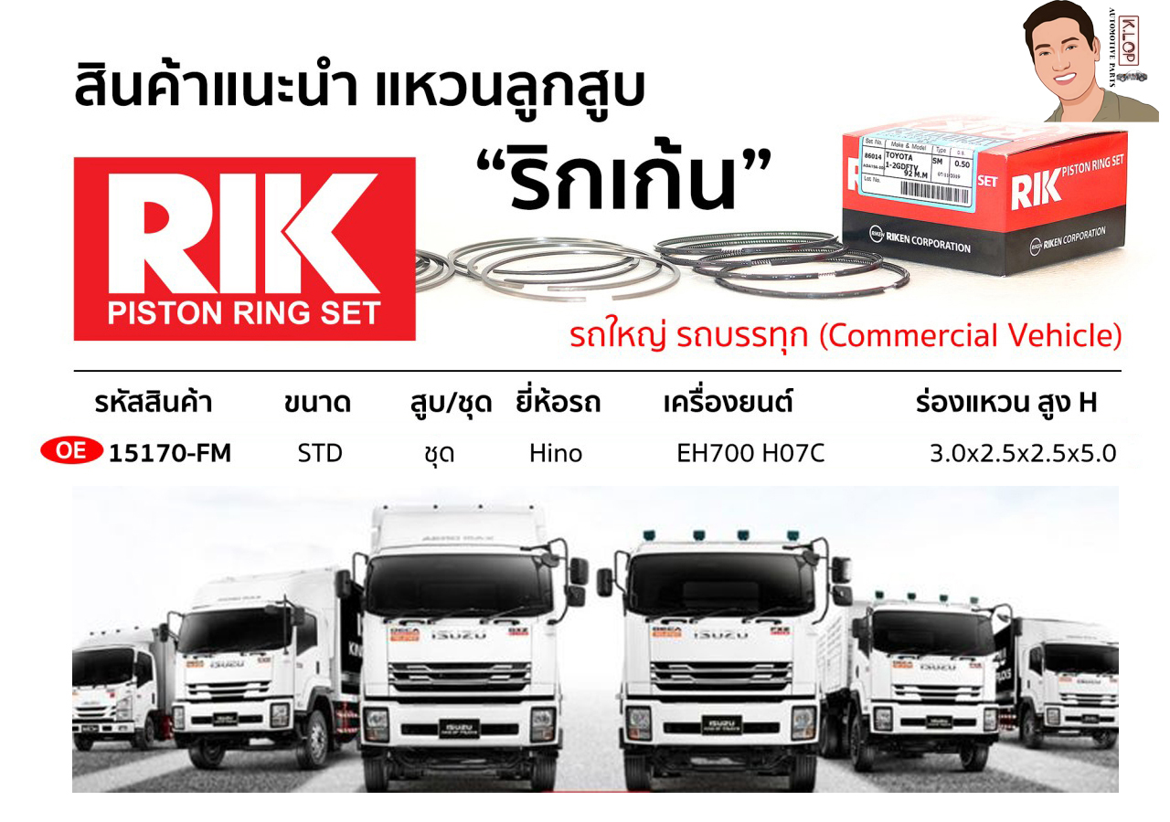 OE 15170-FM แหวนลูกสูบ(RIK-ริกเก้น) ขนาด STD ชุด Hino เครื่องยนต์ EH700 HO7C ร่องแหวน สูง H 3.0x2.5x2.5x5.0