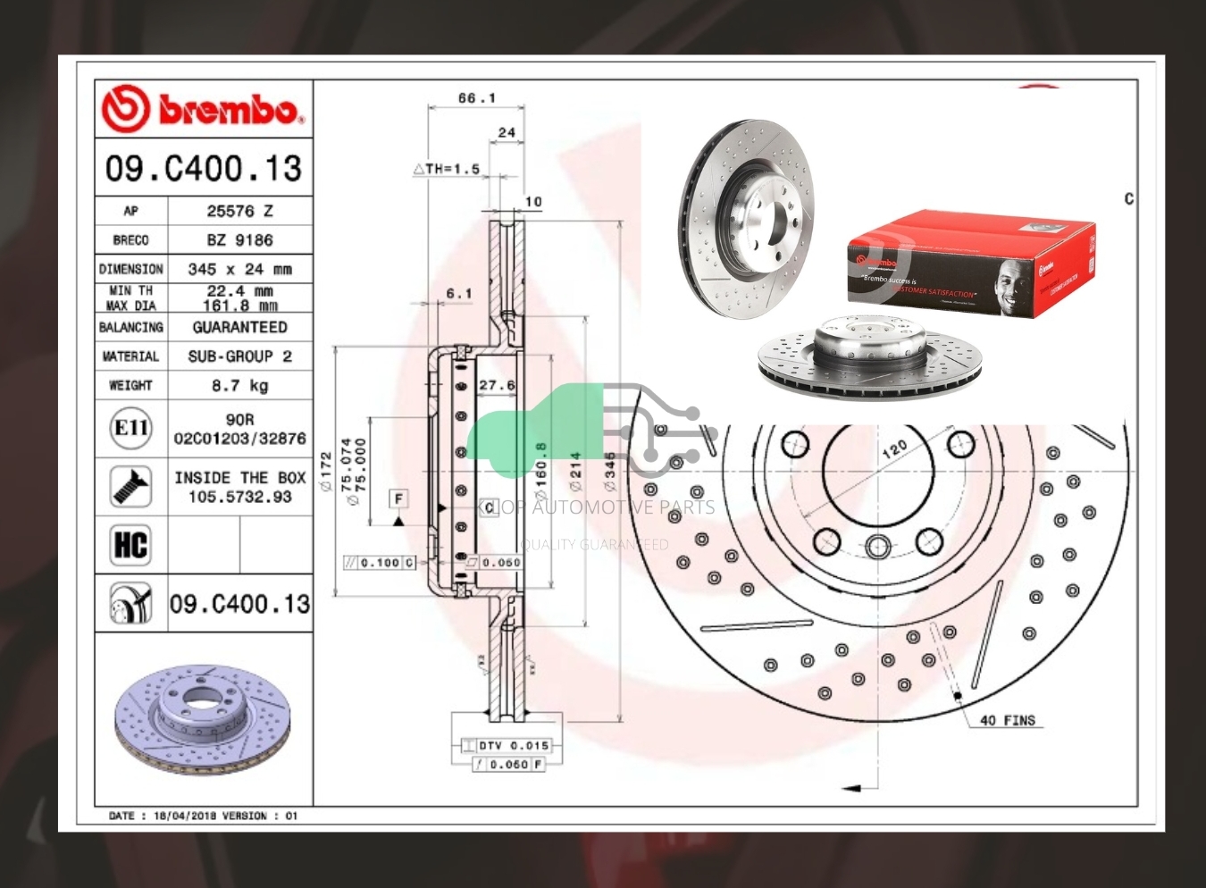 D09 C400 13 จานเบรคหลัง (ยี่ห้อ BREMBO) BMW ซีรี่ส์ 3 F30, 4 F32 เจาะรู/เซาะร่อง (M Sports) (HC) 2011-
