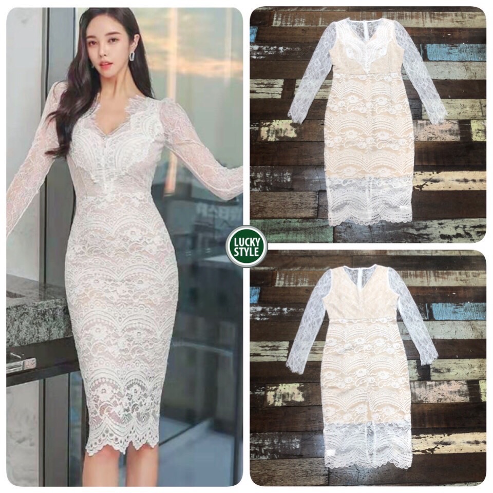 Korea เดรสลูกไม้คลื่นขาว