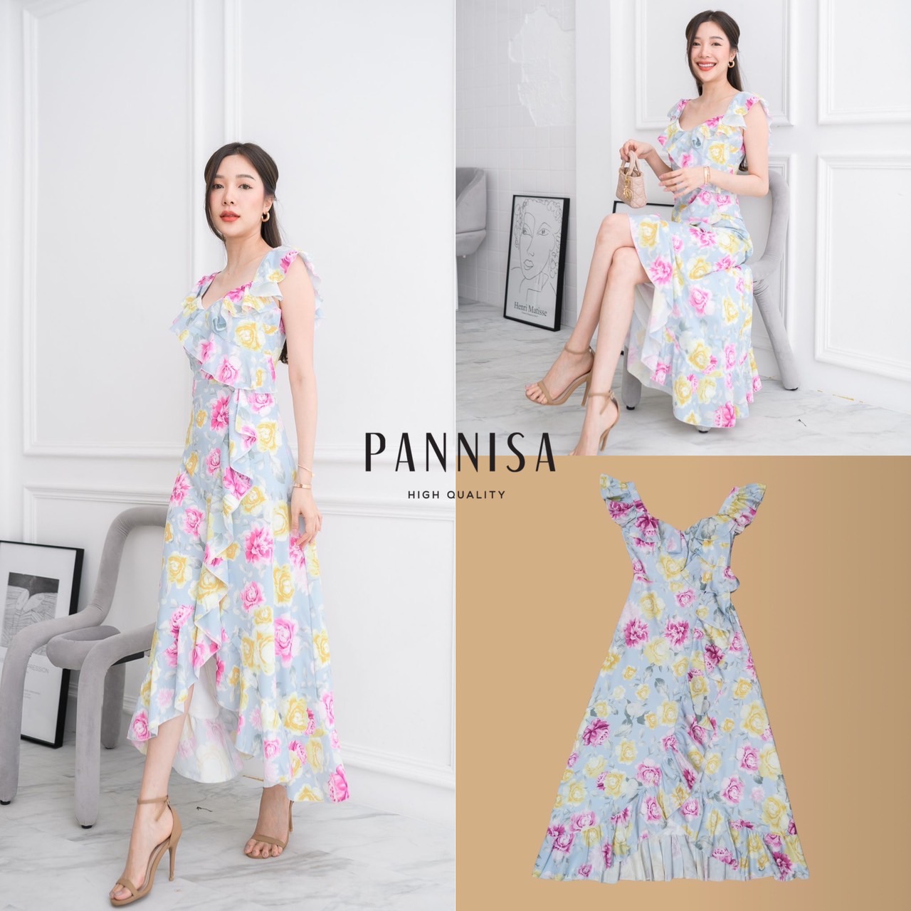 PS0423 เดรสชายระบายพิมพ์ลายดอกไม้สีหวานๆ