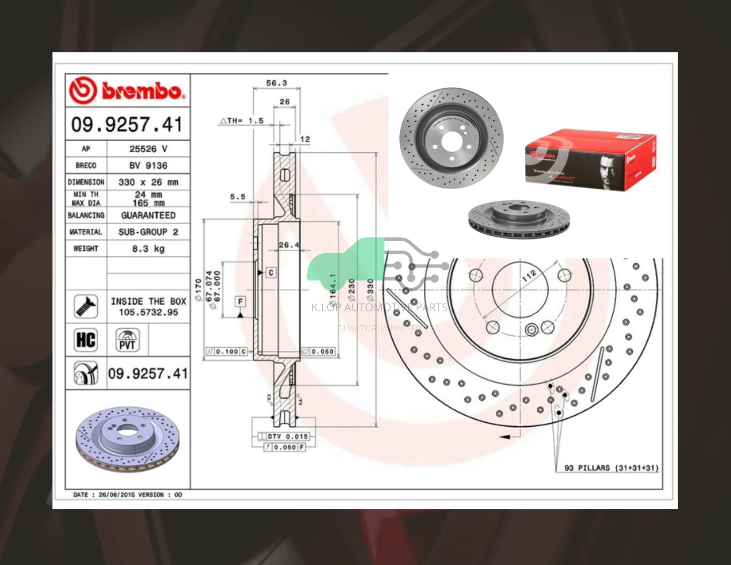 D09 9257 41 จานเบรคหลัง (ยี่ห้อ BREMBO) BENZ 55AMG SLK R171 (เจาะรู) (HC)/63AMG CLK C209 (เจาะรู) (HC)
