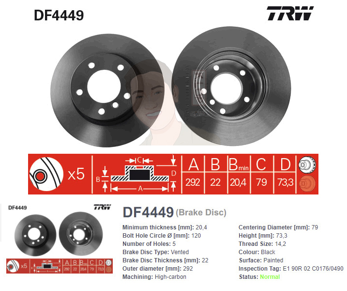 DF4449 จานเบรค-ดรัมเบรค(TRW) BMW E87, E90 (316i, 318i, 318d, 320i, 118i, 118d) N92 <BP> ปี2005-2007 F V