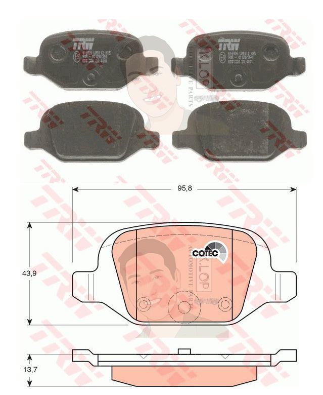 GDB1384 ผ้าเบรค-หลัง(TRW) (เนื้อผ้า COTEC) FIAT 500 1.4 '07