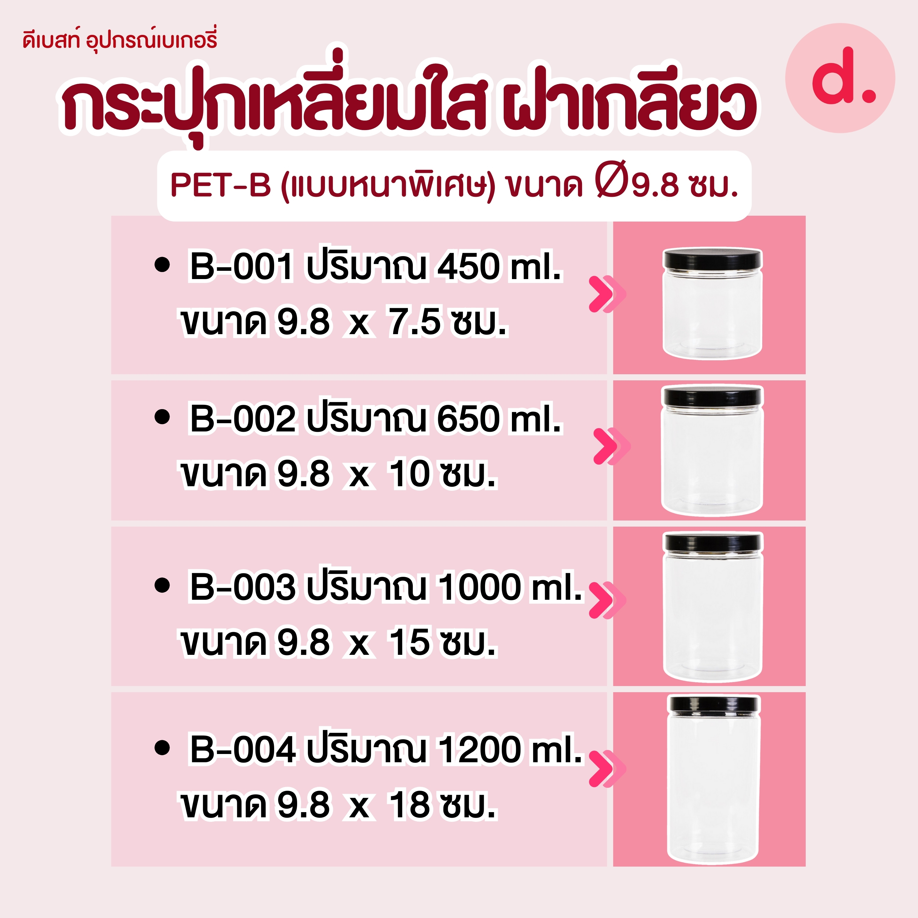 กระปุกกลม พลาสติกใส ฝาเกลียวสีดำ มี 5 ขนาด(1 โหล มี 12 ชิ้น)