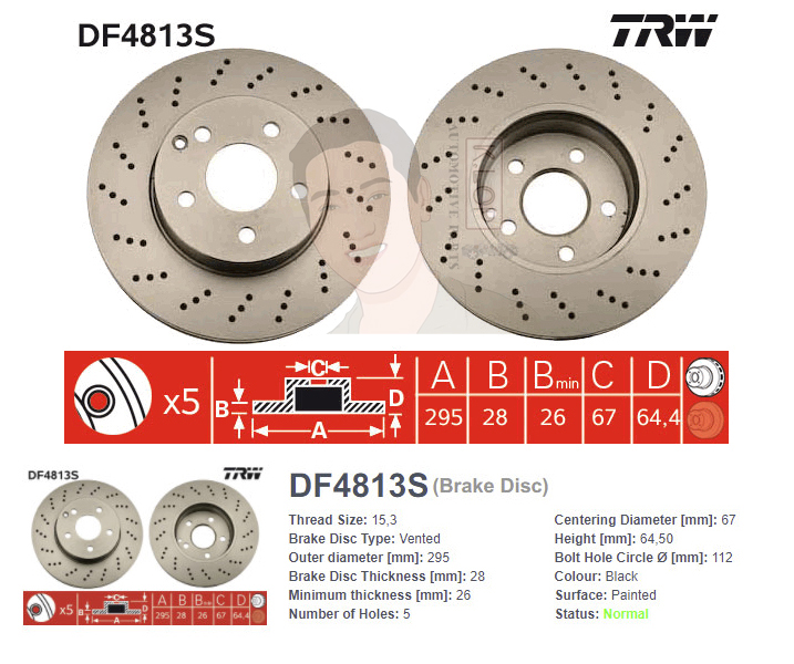 DF4813S จานเบรค-ดรัมเบรค(TRW) BENZ W204 C180, C200 CGI, C200 KOM, C250 CGI, C250 CDI ปี2007> F V