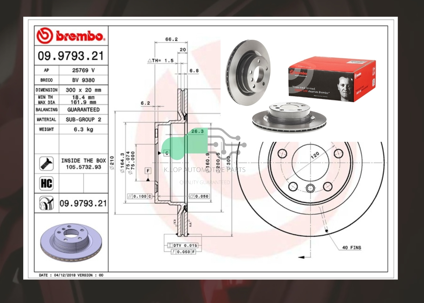 09 9793 21 จานเบรคหลัง (ยี่ห้อ BREMBO) BMW ซีรี่ส์ 3 E90 E92 (320i 325i 320d) 04-10/3 F30 (20d 20i), 4 F32 (20d 20i) (HC) 11-/