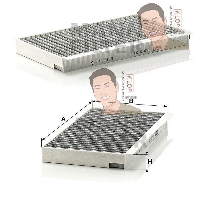 CUK3139 ไส้กรองแอร์ชาโคล(BMW) E60,E61,E63,E64 เครื่องยนต์ N43,N47,N53,N57 (MANN-FILTER***งานพรีเมี่ยมแท้นำเข้ายุโรป) Dimensions(mm.) A=322 B=170 H=31