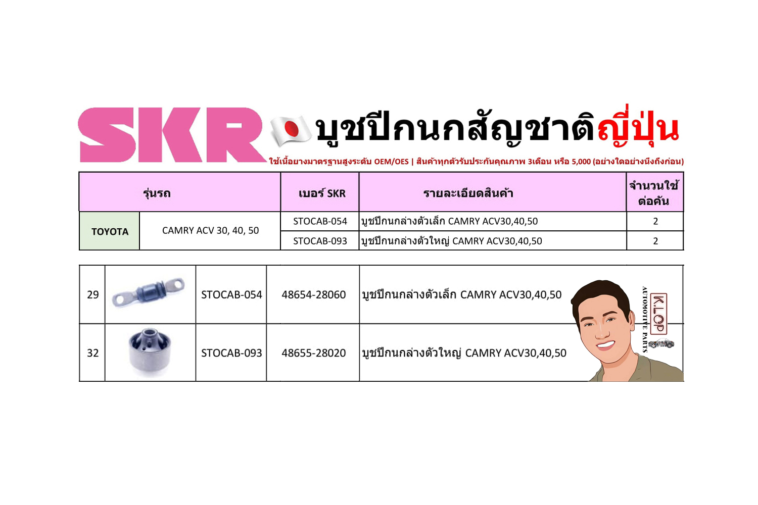 ชุด-บู๊ชปีกนก (SKR ญี่ปุ่น) TOYOTA CAMRY ACV 30, 40, 50 (รหัส) STOCAB-054 /STOCAB-093