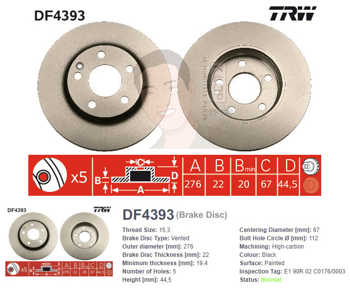 DF4393 จานเบรค-ดรัมเบรค(TRW) BENZ W169 A170 ปี2005-2006 F V
