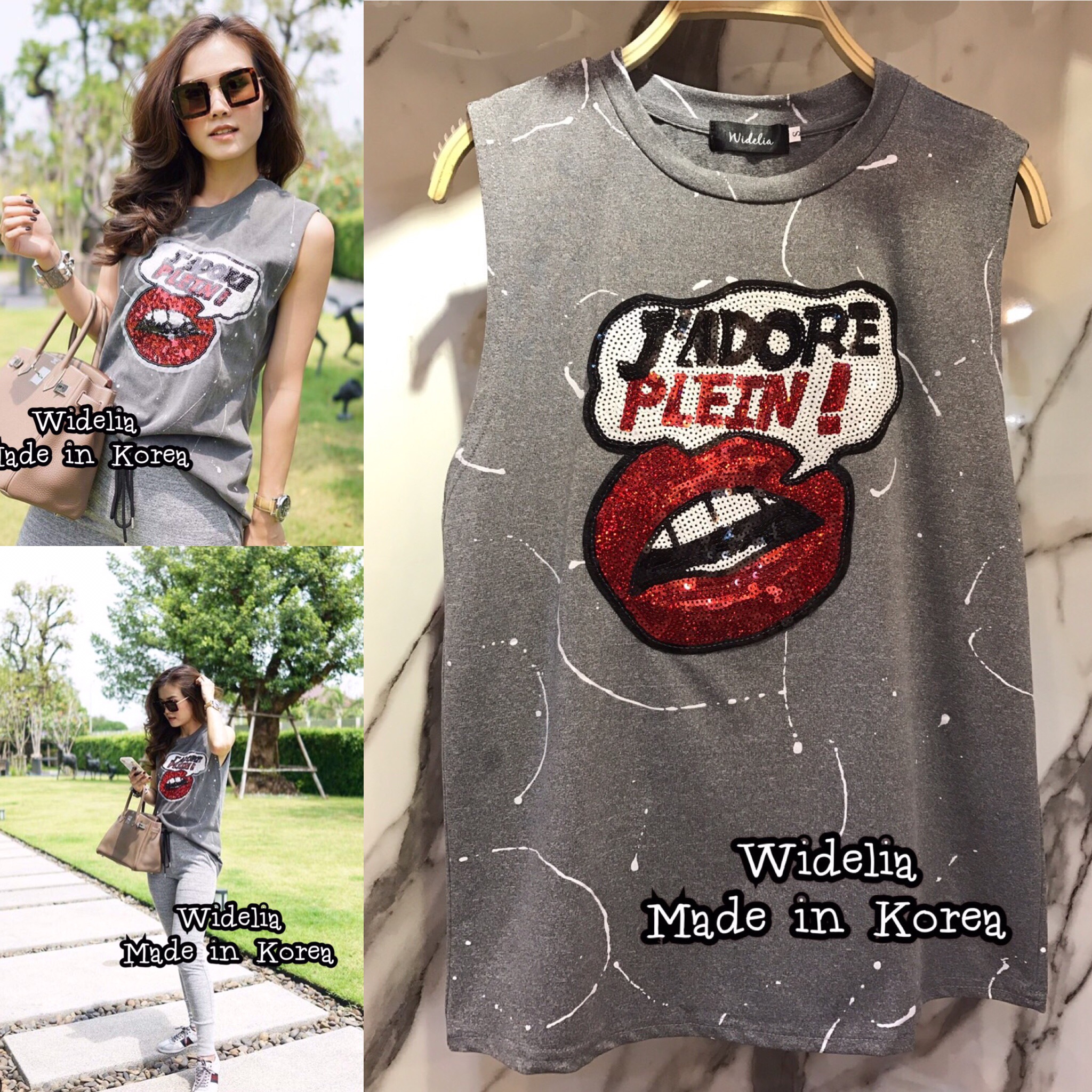 *พร้อมส่ง*Korea Style เสื้อยืดคอกลม แขนกุด ลายปากปักเลื่อม