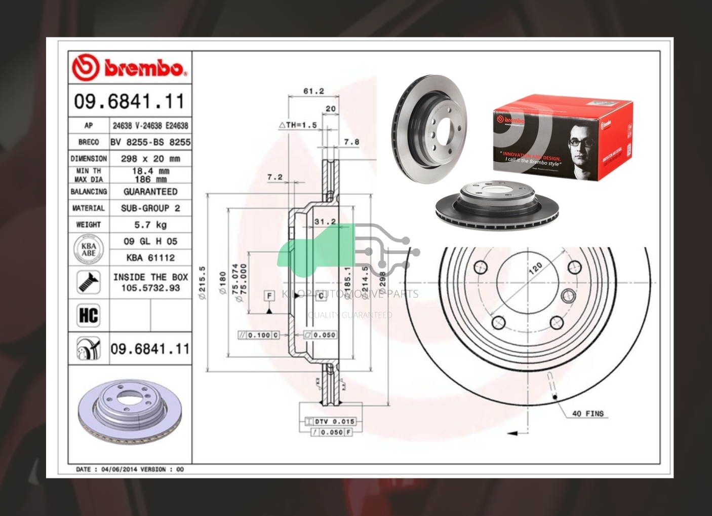 09 6841 11 จานเบรคหลัง (ยี่ห้อ BREMBO) BMW ซีรี่ส์ 5 E39 (520i 523i 530i) (HC) 95-03
