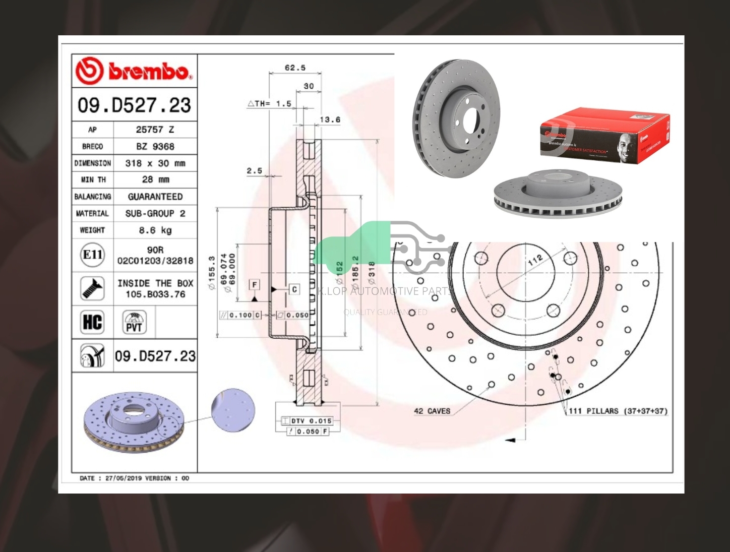 D09 D527 23 จานเบรคหน้า (ยี่ห้อ BREMBO) BENZ C W205, C205 (เจาะรู)(HC) 13-> 318 มิล