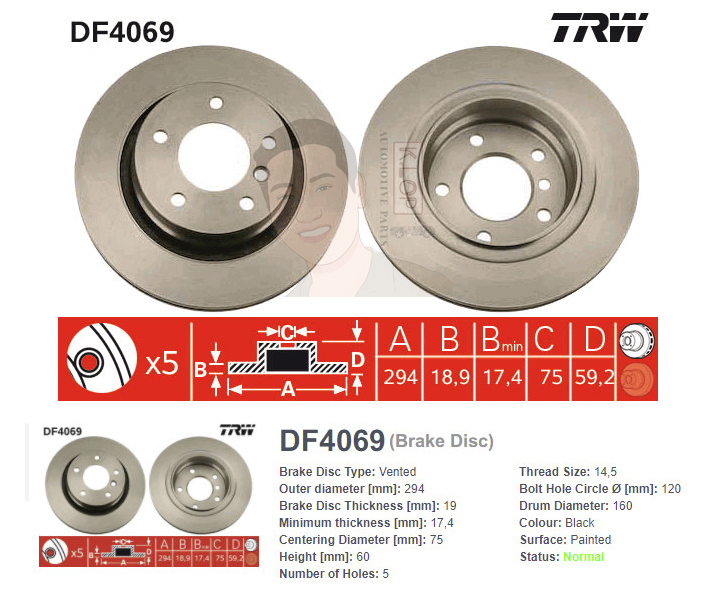 DF4069 จานเบรค-ดรัมเบรค(TRW) BMW E46 318i, 320i, 325i (IMPORT) ปี2002-2005 R V