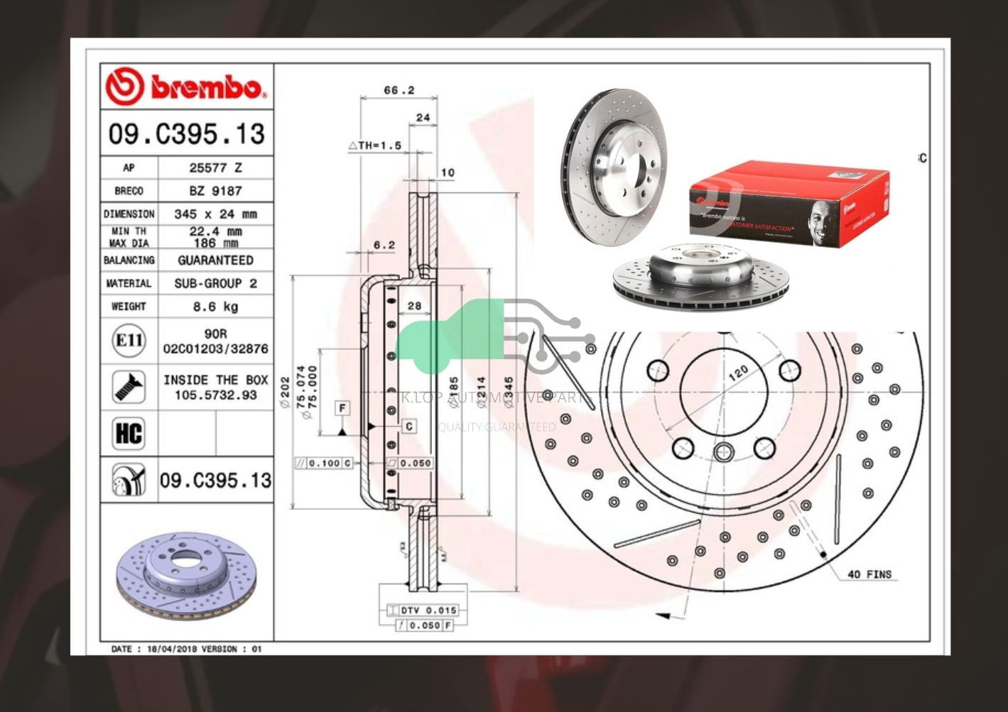 D09 C395 13 จานเบรคหลัง (ยี่ห้อ BREMBO) BMW ซีรี่ส์ 3 F30, 4 F32 เจาะรู/เซาะร่อง (M Performance) (HC) 2011-