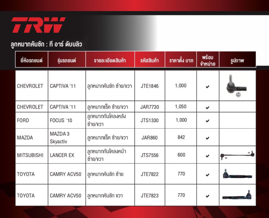 ลูกหมากแร็ค-กันโคลงหน้า-คันชัก TRW CHEVROLET CAPTIVA ปี 2011 /FOCUS ปี 2010 /MAZDA 3,Skyactiv /MITSUBISHI LANCER EX /TOYOTA CAMRY ACV50 (อัพเดท16-08-2019)