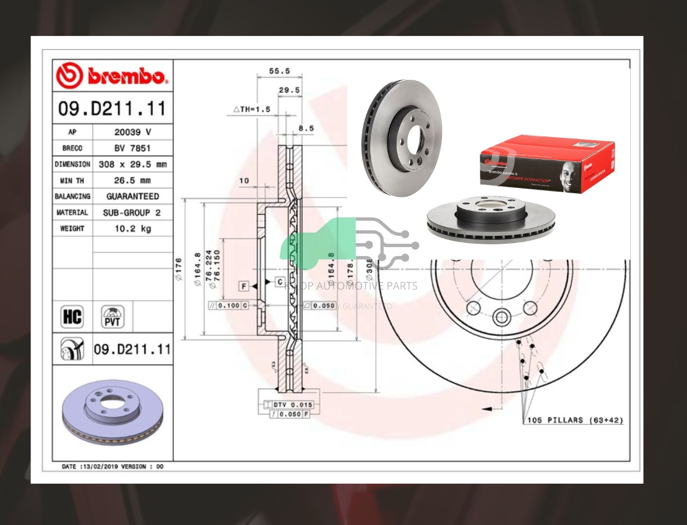 09 D211 11 จานเบรคหน้า (ยี่ห้อ BREMBO) Caravelle T5 2.5TDI 16นิ้ว, T6 2015-