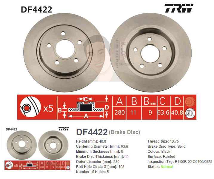 DF4422 จานเบรค-ดรัมเบรค(TRW) VOLVO V50,S40 ปี2004-2012 R S / C30,S40 (MS) ปี2006>, ปี2009> R S