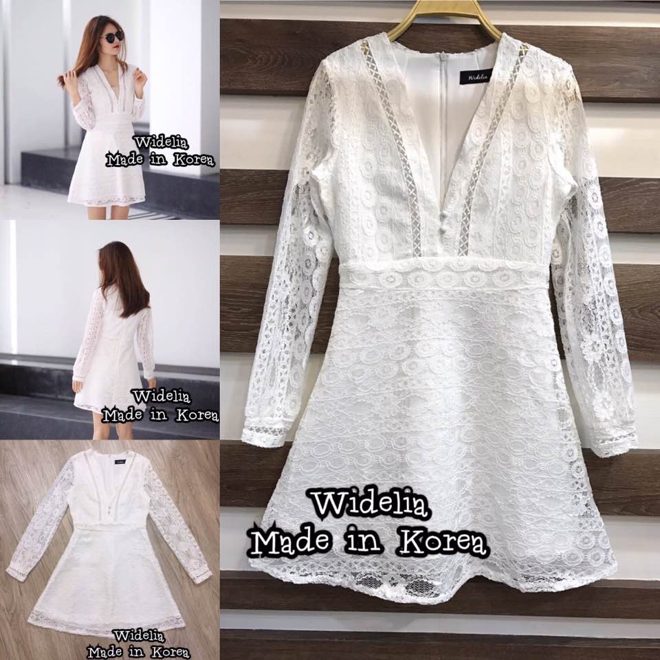 *พร้อมส่ง*Design By Korea Dress :: เดรสแขนยาวคอวีตัวสวย เลือกใช้ผ้าลูกไม้ทั้งตัวชุด