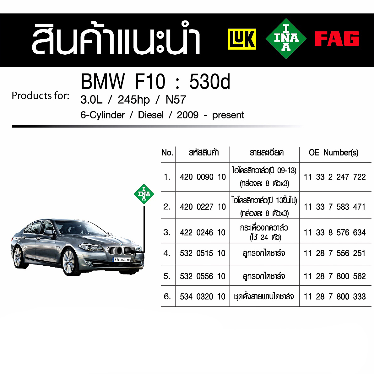 ไฮโดรลิกวาล์ว+กระเดื่องกดวาล์ว+ลูกรอกไดชาร์จ+ชุดตั้งสายพานไดชาร์จ For (BMW F10 530d) (21-9-2019)