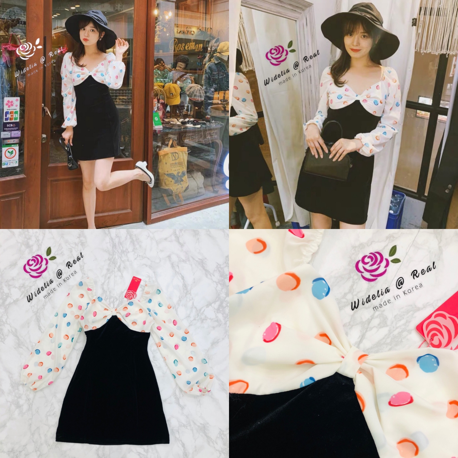 ASE Dress เดรสแขนยาวแสนสวย เนื้อผ้าสลับสีสลับลายเก๋ๆ ช่วงอกเป็นโบว์น่าร๊ากกก