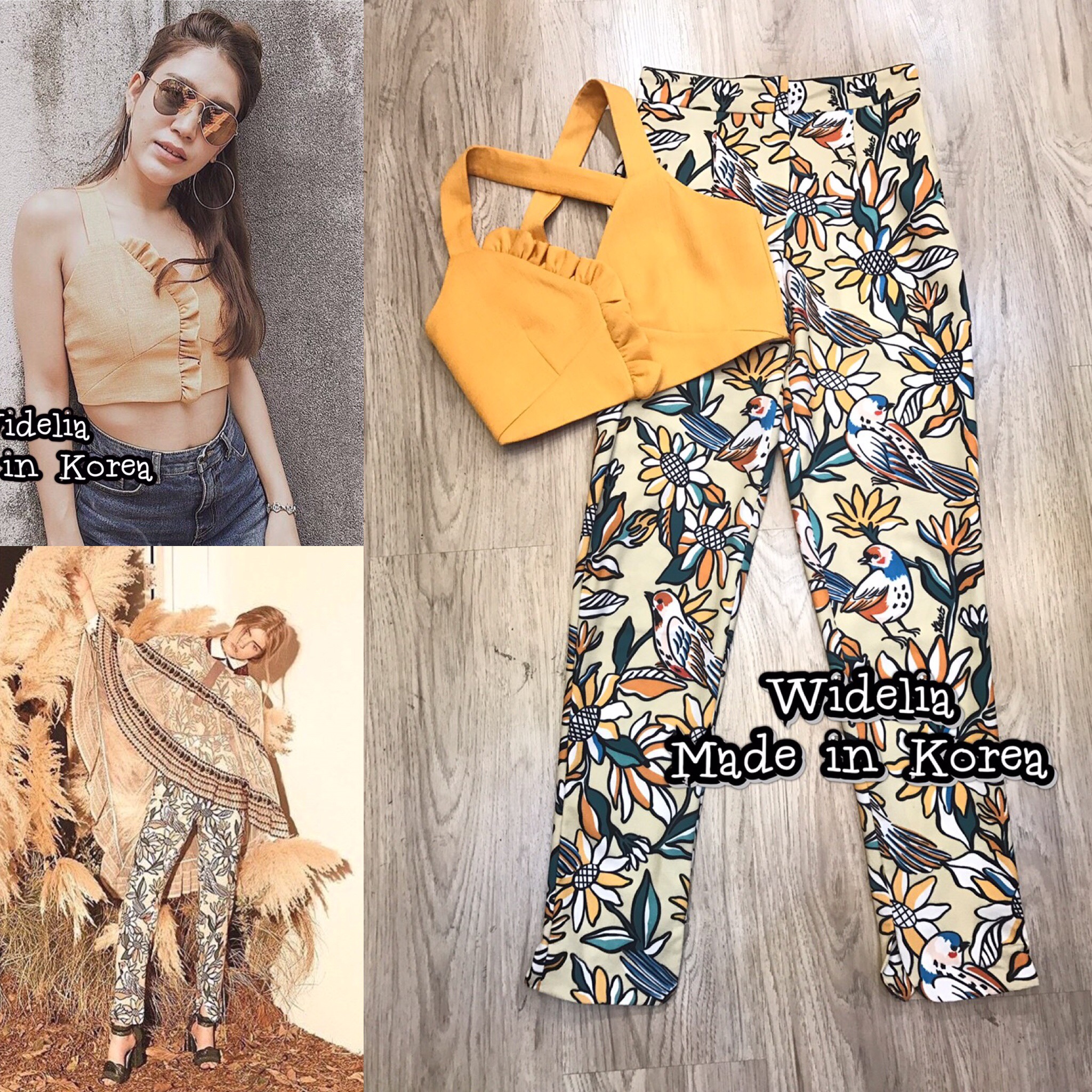 *พร้อมส่ง*KS.Set :: เสื้อครอปตัวเรียบกับกางเกงลายสวยสีสันน่ารักสุดๆ ลายดอกไม้สลับนกน้อย