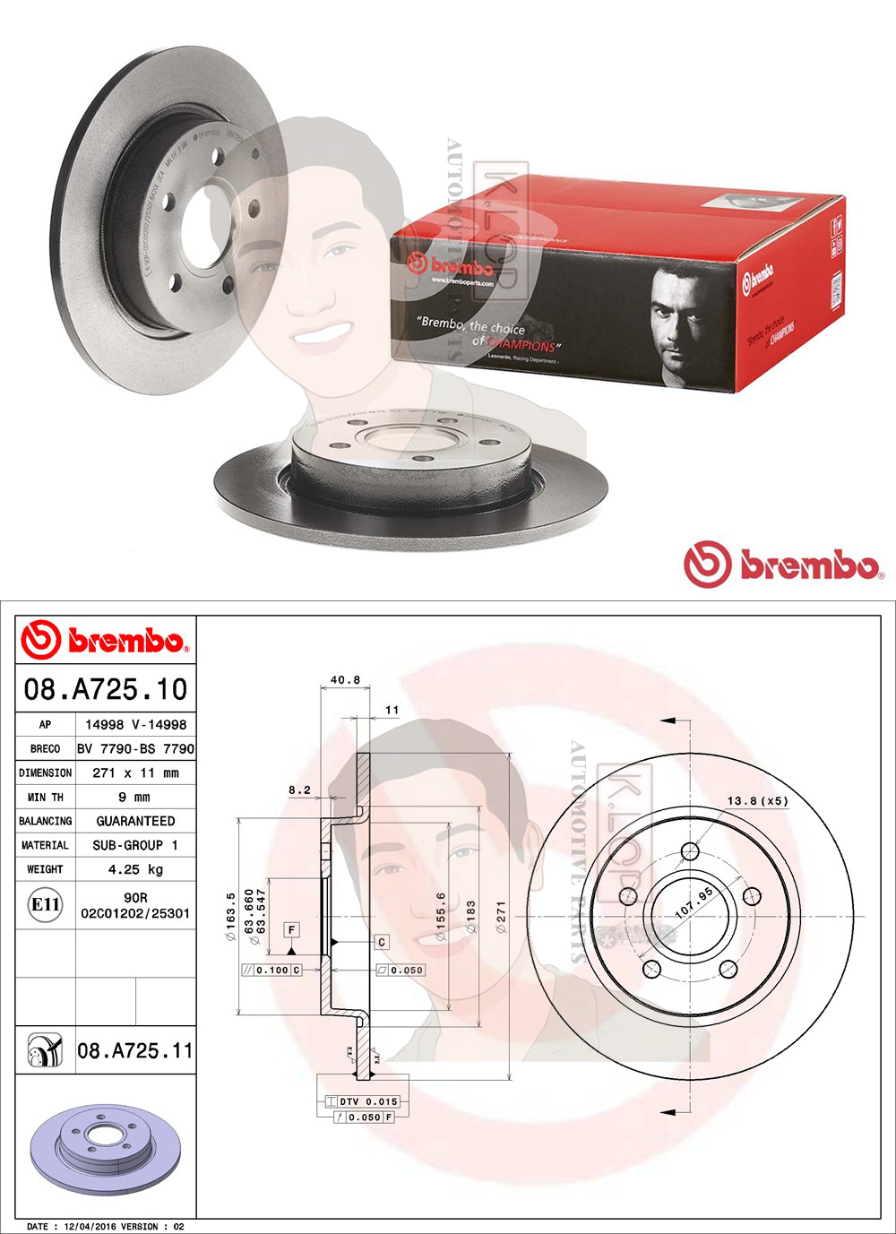 08 A725 11 จานเบรค ล้อ R (ยี่ห้อ BREMBO) FORD Focus 1.6 2.0 ปี 2012->