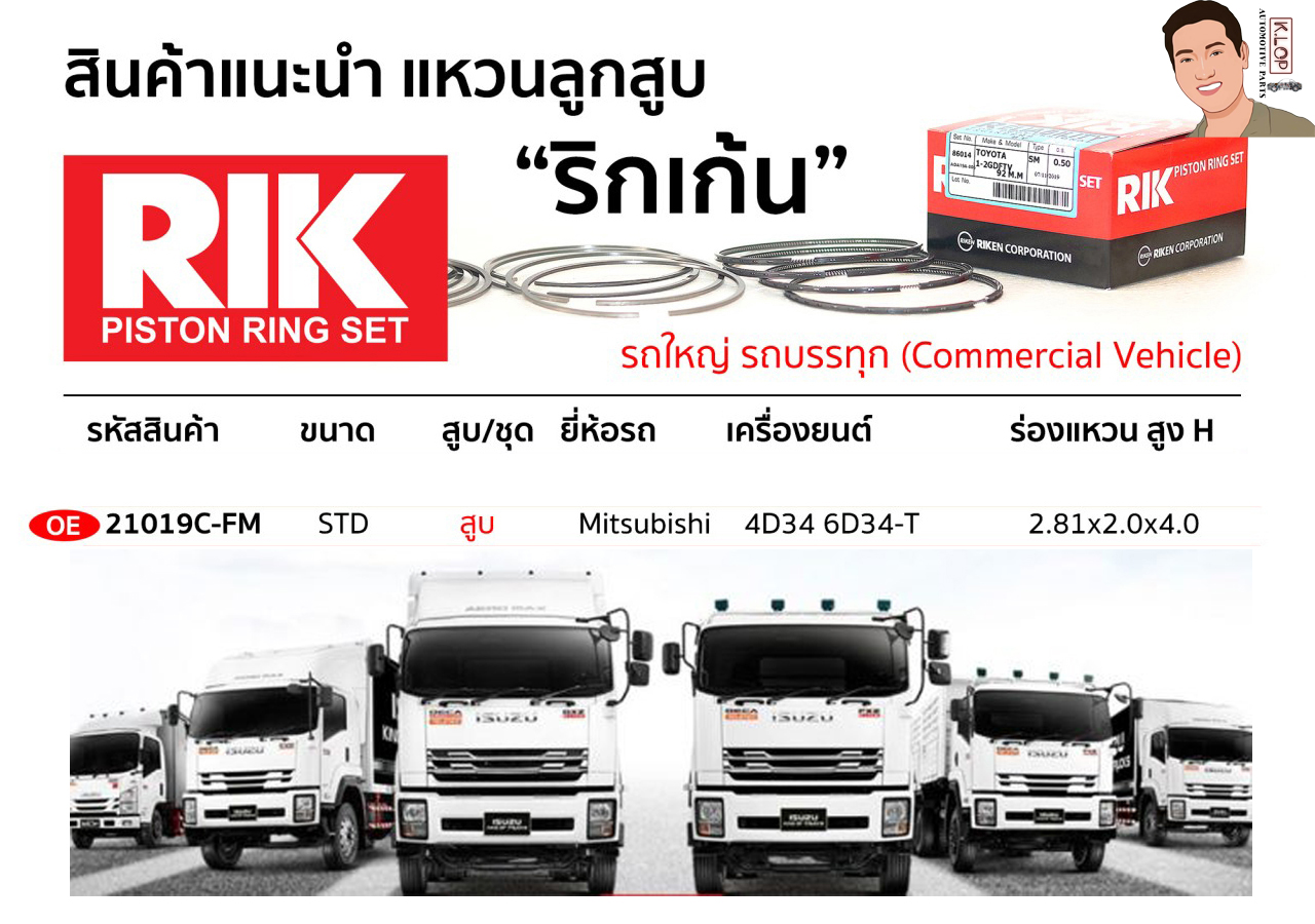 OE 21019C-FM แหวนลูกสูบ(RIK-ริกเก้น) ขนาด STD สูบ Mitsubishi เครื่องยนต์ 4D34 6D34-T ร่องแหวน สูง H 2.81x2.0x4.0
