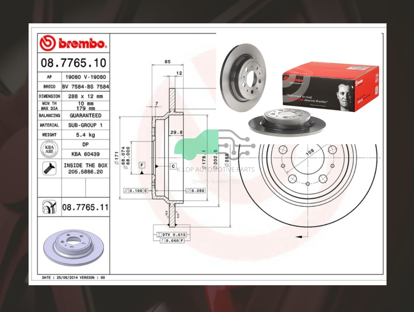 08 7765 11 จานเบรคหลัง (ยี่ห้อ BREMBO) Volvo S60 S80 V70 XC70 98->