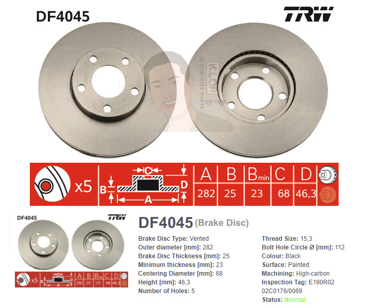DF4045S จานเบรค-ดรัมเบรค(TRW) VW PASSAT HIGH-LINE (B5), 1.9 TDI (B6), 2.3 VR5 (B6) <BP> ปี1997-2003 F V