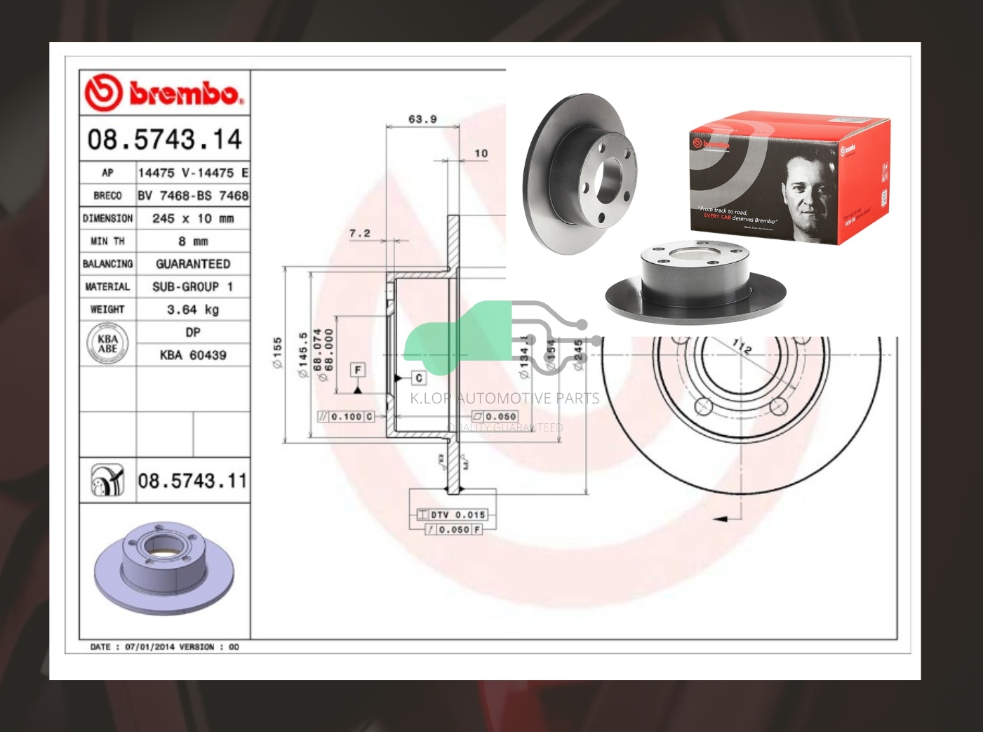 08 5743 10 จานเบรคหลัง (ยี่ห้อ BREMBO) VW Passat IV 3B6 (1.9TDI 2.3) 97-03