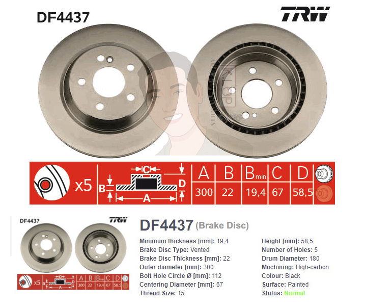 DF4437S จานเบรค-ดรัมเบรค(TRW) BENZ W220 S350, S400, S430, S500 ปี2000-2005 R V